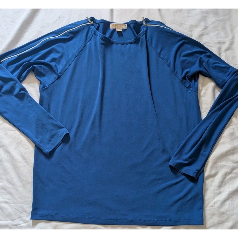 Michael Kors‎ Women's Large Blue Long Sleeve Blouse With Zipper Shoulders